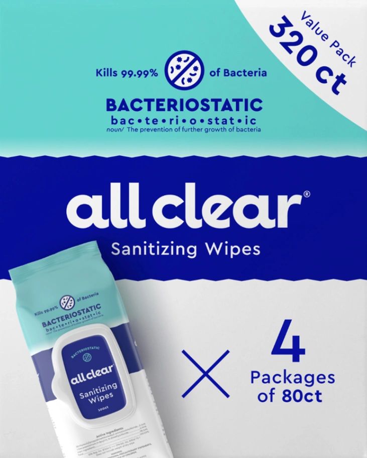 AllClear Bacteriostatic Surface Sanitizing Wipe 4 Pack (320 Wipes 0